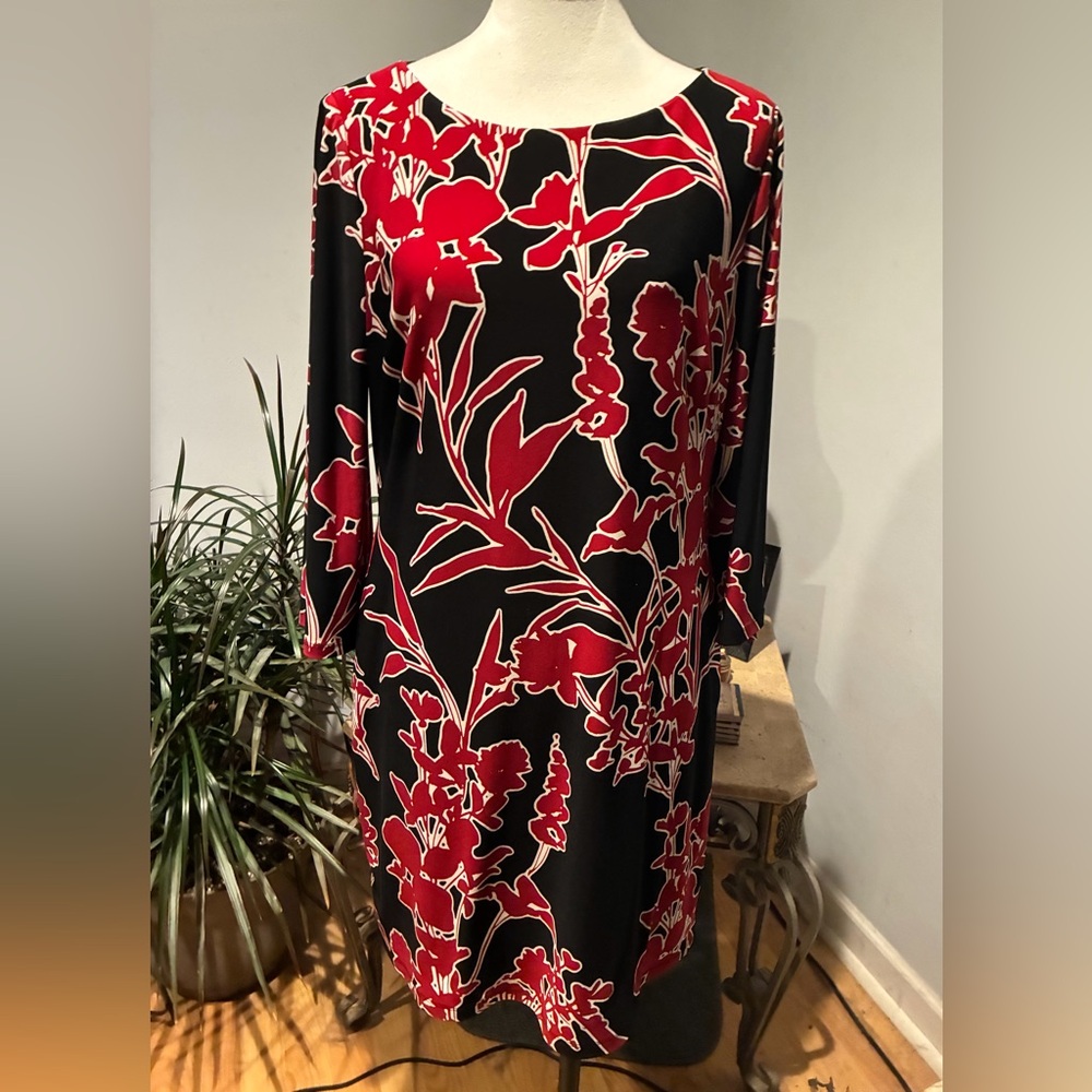 Lauren Ralph Lauren Black & Red Floral Print Sheath Dress with Pockets Size 14P